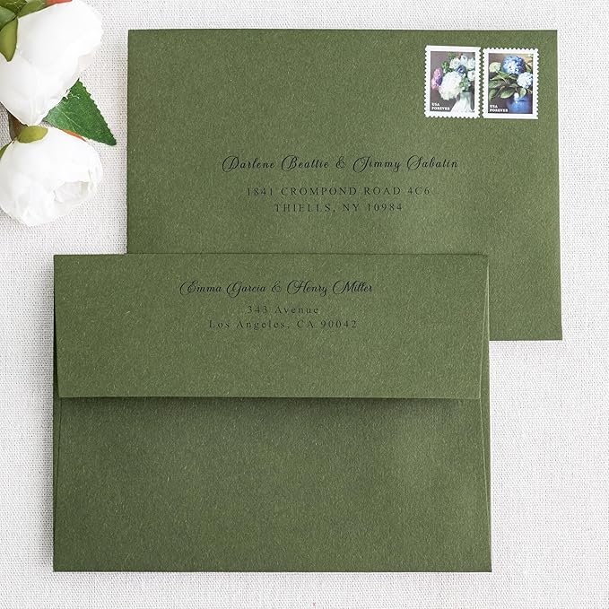 PONATIA 50 PCS 5x7 Envelopes, Olive Green Self- Adhesive A7 Envelopes for Weddings, Invitation Cards, Photos, Postcards, Greeting Cards Mailing, Baby Shower, Graduation, Christmas Gift Cards
