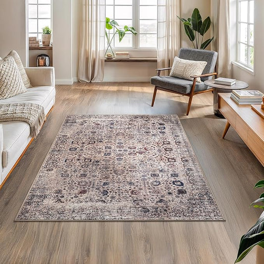 Bloom Rugs Washable Non-Slip 4' x 6' Rug - Light Tan/Blue Traditional Oriental Area Rug for Living Room, Bedroom, Dining Room, and Kitchen - Exact Size: 4' x 6'
