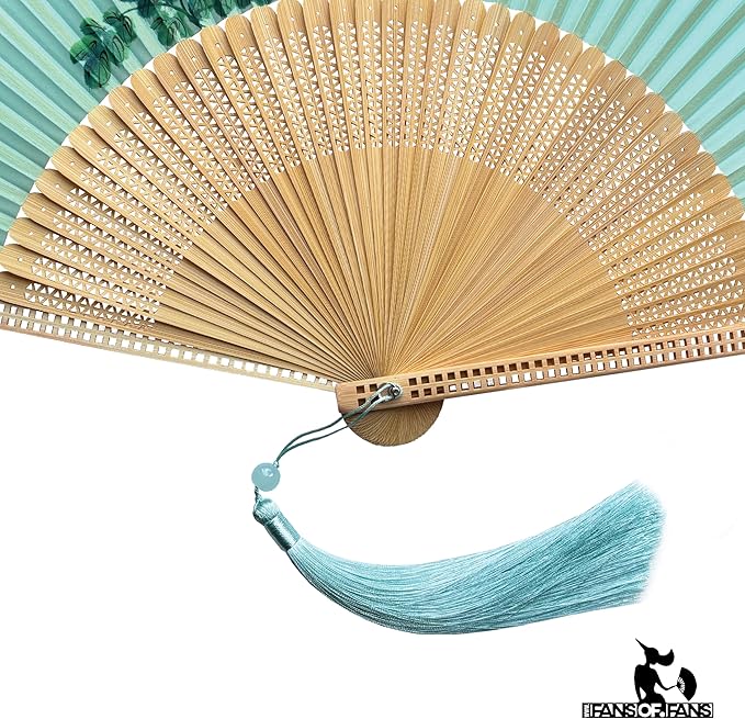 FANSOF.FANS Premium Floral Silk Fabric Border Handheld Folding Fan with Grade A Bamboo Ribs for Women Girls Event Birthday Wedding Favour with Tassel (Single Flower Border - Turqoise)