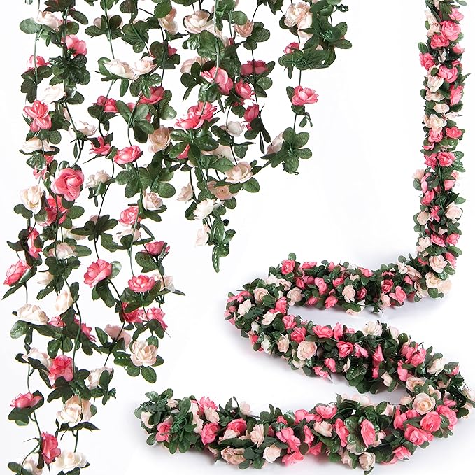 8 Pcs x 8.2 ft Flower Garland Artificial Rose Vine Flowers with Green Leaves Hanging Fake Roses Vine for Room Party Home Wedding Birthday Christmas Wall Arch Decor, Spring Pink Flower