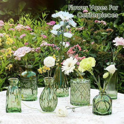 Vintage Small Glass Vases Set of 10,Mini Bud Vases for Flowers,Amber Glass Vases for Centerpieces,Wedding Decorations,Home Table Flower Decor (Hunt Green)