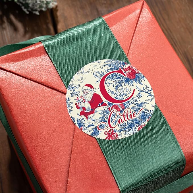 30pcs Personalized Christmas Stickers with Name, Custom Toile De Jouy Style Santa Claus Waterproof Christmas Gift Tags for Gift Box Holiday Decorations, Stockings, Party Favors