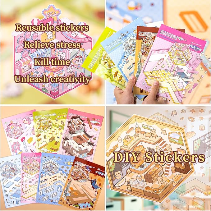 20 Sets 3D House Stickers with Metal Tweezers | DIY Miniature House Scenes Kit for Adults, Cute 3D Cartoon Scene Stickers | Therapy Craft, Relief Stress Pass The Time