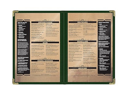 Goodsmart Restaurant Menu Covers – 25 Pack Green 4-View, Side-Loading Menu Holders, Vinyl & Plastic Café Menu Covers, Clear Menu Sleeves, Fits 5.5" x 8.5", Leather-Style Design, Gold Corners