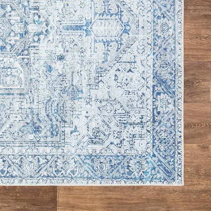 Bloom Rugs Washable Non-Slip 7 ft Runner - Blue/Gray Traditional Runner for Entryway, Hallway, Bathroom, and Kitchen - Exact Size: 2.5' x 7'