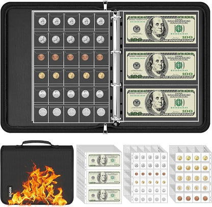 Coin Binder for Collectors with Handle, Fireproof 400 Pockets Coin Collection Album & 36 Paper Currency Book Sleeves, Coin and Bill Organizer Holder Supplies for Quarters, Pennies, 12.8x10.2x1.8inch