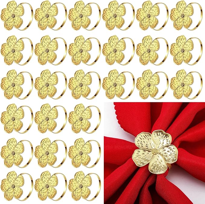 Bokon 50 Pcs Gold Napkin Rings Metal Napkin Holders Rings Bulk for Dining Anniversary Wedding Dinner Birthday Holiday Party Banquet Table Decoration (Flower)