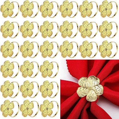 Bokon 50 Pcs Gold Napkin Rings Metal Napkin Holders Rings Bulk for Dining Anniversary Wedding Dinner Birthday Holiday Party Banquet Table Decoration (Flower)