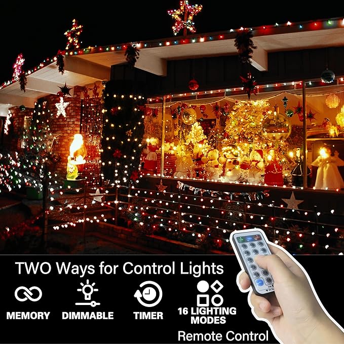 LAMPHOME 33ft Christmas Decorative Mini Lights, 100 LED transparent Wire Fairy Starry String Lights Plug in, 12 Lighting Modes, for Indoor Outdoor Xmas Tree Wedding Party Decoration (White+Multicolor)