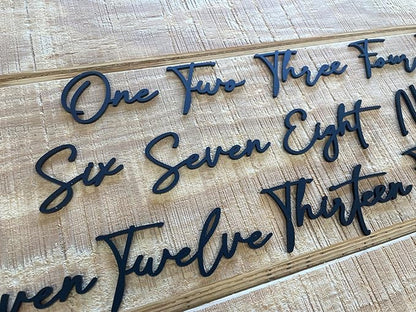 Cursive Wedding Table Number SET, DIY thin modern Black or White acrylic cutouts with silicone glue included. Words only, no backing (One - Five, Matte Black)
