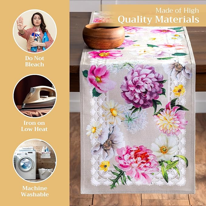 Maison d' Hermine Table Runner 100% Cotton Double Layer Table Runners 72 inches Long Decorative for Home Kitchen Dining Party Baby Shower Wedding Bridal Shower Spring Summer (Pivoine, 14.50" x 72")