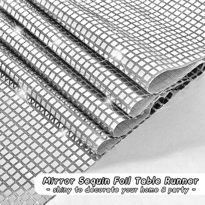 Durony Disco Table Runner 11 x 108 Inch - Mirror Silver Glitter Foil With Sparkle Sequin for Bachelorette, 70s, Cowgirl Party Decorations