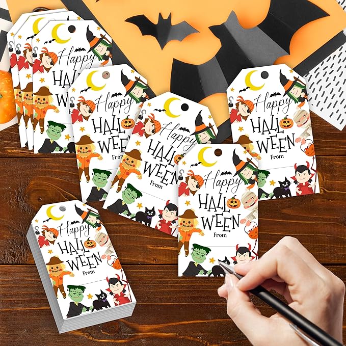 50 Pcs Halloween Tags with String, 2.1"×3.5" Pumpkin Paper Gifts Tags, Ghost Trick or Treat for Candy, Black Cat Happy Halloween Gifts Tag Wrap for Party Favor - B02