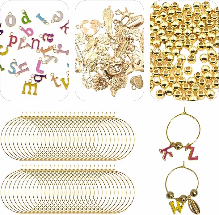 50 Sets Wine Glass Charms, Wine Charms for Stem Glasses, DIY Reusable Drink Markers for Weddings & Bachelorette with Alphabet Beads