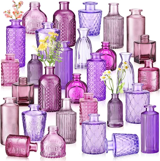 Yaomiao 30 Pcs Vases Bulk Colored Flower Glass Vases Bud Vintage Colored Glass Bottles Colorful Rustic Embossed for Home Wedding Table Decorations Gifts(Purple Series)