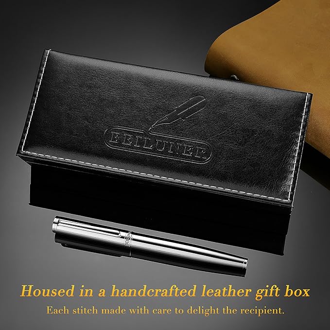 BEILUNER Silver Fountain Pen,Stunning Luxury Pens with Bright Silver Chrome, Gorgeous 24K Gilded Nib(Fine),Gift Pen Set for Men&Women -Ink Converter-Elegant, Professional, Nice Pen for Writing