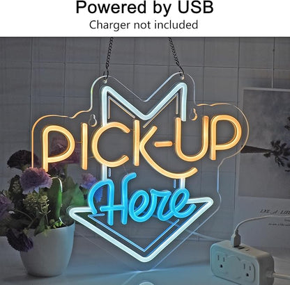 PICK-UP Here Neon Sign, Neon Lights Hanging Wall Art Decoration for Restaturant Shop Bar Market Bakeries Café Celebration Home Decor, USB Powered Ultra Bright Dimmable,14.57×12.6inches