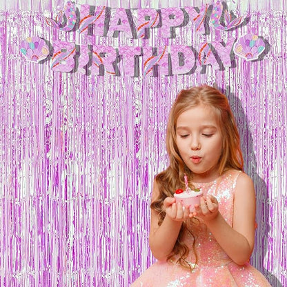 BRAVESHINE Clear Purple Party Decorations Iridescent Foil Curtain - 2 Pack 3.2 x 6.5 ft Holographic Tinsel Backdrop Party Streamers Curtains for Birthdays Valentine’s Bachelorette Bridal Shower Decor