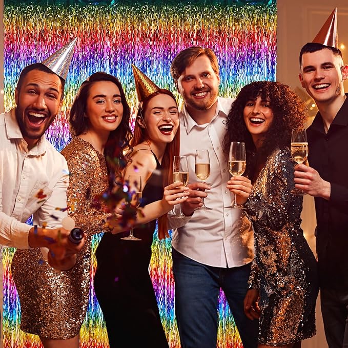 Jutom 6 Pieces 3.3 x 6.6 ft Wavy Tinsel Foil Fringe Curtains Foil Fringe Streamer Backdrop Party Curtain for Sea Mermaid Baby Shower Birthday Party Decoration (Rainbow)