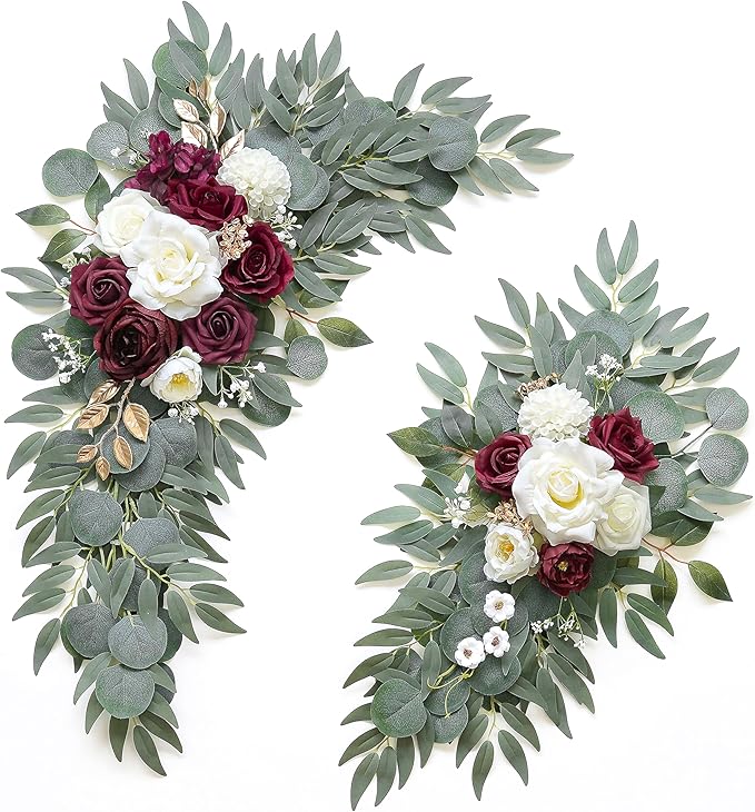 Artificial Burgundy Flower Swag Set of 2 for Wedding Welcome Signs Floral Decorations, Wedding Arch Flowers for Wedding Ceremony, Ivory Wedding Flower