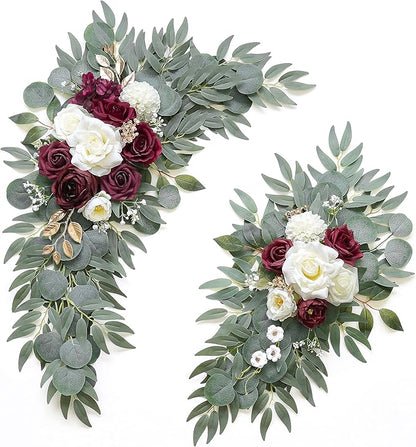 Artificial Burgundy Flower Swag Set of 2 for Wedding Welcome Signs Floral Decorations, Wedding Arch Flowers for Wedding Ceremony, Ivory Wedding Flower