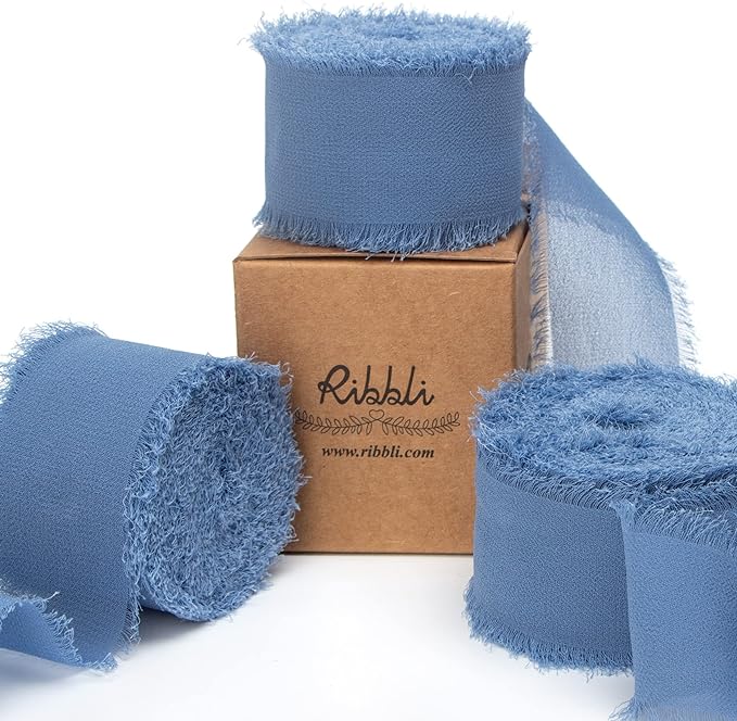 Ribbli Dusty Blue Chiffon Ribbon - 1-1/2 inch x 30 Yard Handmade Fringe Silk Ribbon for Wedding Invitations, Bridal Bouquets, Flower Arrangements