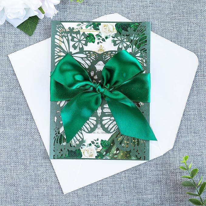20 PCS 5.12x7.2 Butterfly Personalized Quinceanera Invitation, Customized XV Anos Laser Cut Invitation Cards with Envelopes (Emerald Green Personalized)