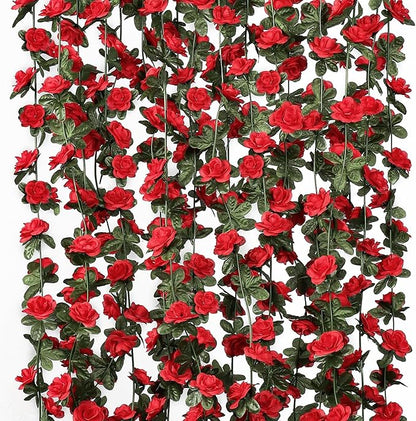 KHOYIME 18 Pack 144 FT Artificial Flower Garland, Fake Red Roses Vines Silk Flowers Faux Plastic Outdoor Hanging Floral Ivy Garland Decoration for Wedding Arch Bedroom Home Wall Backdrop Room Decor