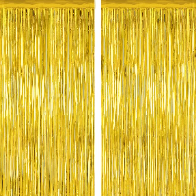 2 Pack Gold Tinsel Backdrop, 3.28 FT x 7.05 FT Metallic Fringe Curtain, Gold Color Graduation Backdrop Party Streamers, Party Supplies Door Decorations for Birthday Anniversaries