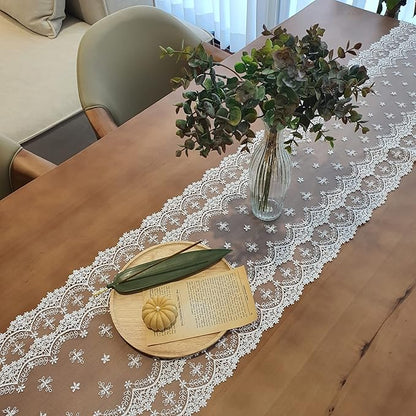 Inicia Table Lace Runner 12×50 inch Embroidered for Holiday Wedding Picnic Daily Dinner Tables White Decor (Polyester, 12"×50" (31cm×130cm))