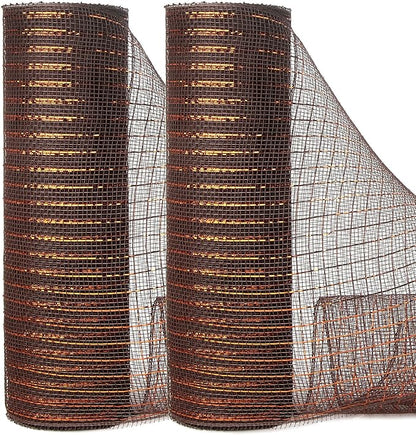 Ribbli 2 Rolls Chocolate Brown Mesh Ribbon,10 inch x 30 feet(10Yard) Each Roll,Metallic Chocolate Brown with Copper Foil,Use for Wreath Swags and Christmas Decoration