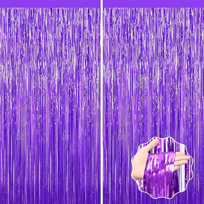 Purple Foil Curtain Backdrop, 2Pack Metallic Tinsel Foil Fringe Curtains Photo Booth Props for Birthday Wedding Engagement Bachelorette Baby Shower Christmas Holiday Celebration Party Decorations