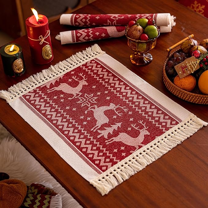 Placemats Set of 4,Elk Placemat with Tassel Fringe,Christmas Placemats for Coffee Table Western Restaurant