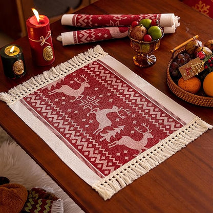 Placemats Set of 4,Elk Placemat with Tassel Fringe,Christmas Placemats for Coffee Table Western Restaurant