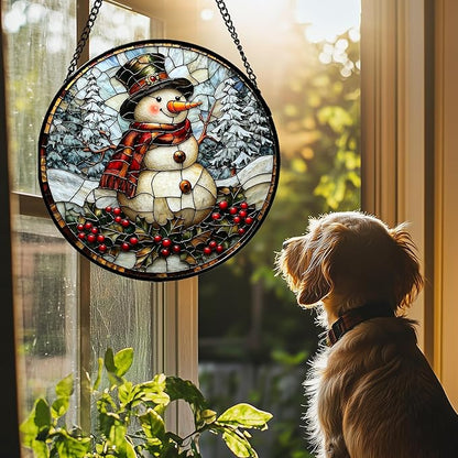 Stained Glass Window Hanging - Christmas Snowman Suncatcher for Door Terrace Garden Home Decor Winter Forest Snow Sun Catcher Birthday Gifts for Lovers Women Men Dad Mom Nana 11.8 in
