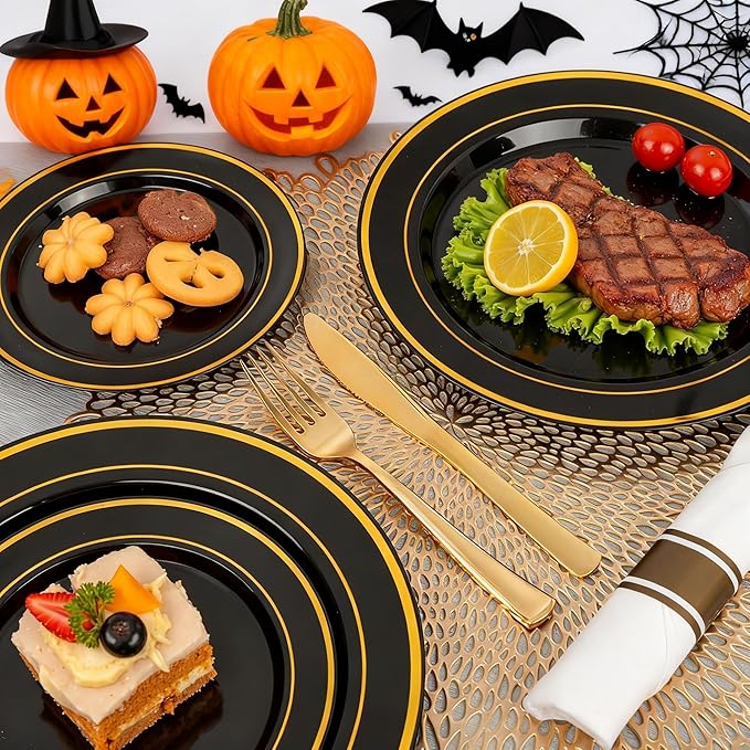 175PCS Black and Gold Plates - Black Disposable Plates for Party - 25Guests Disposable Dinnerware Set for Halloween/New Year/Wedding