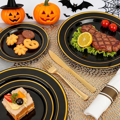 175PCS Black and Gold Plates - Black Disposable Plates for Party - 25Guests Disposable Dinnerware Set for Halloween/New Year/Wedding