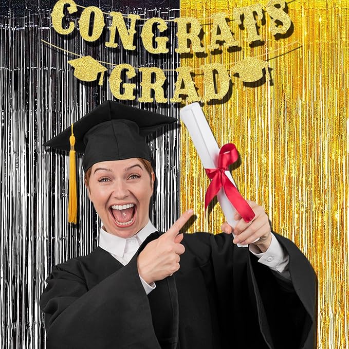 BRAVESHINE Black Gold Foil Fringe Curtain Backdrop - 2 Pack 3.2 x 8.2 ft Metallic Tinsel Photo Booth Streamers Curtains for 50th Birthdays Christmas New Years Anniversary Graduates Party Decorations