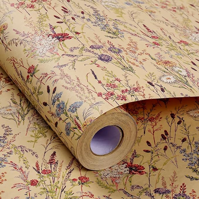Tyzarglef Wild Flower Wrapping Paper Roll, 17 Inches x 32.8 Feet Kraft Floral Design Wrapping Paper for Women Girls Gifts, Birthdays, Weddings, Bridal Shower and Engagement