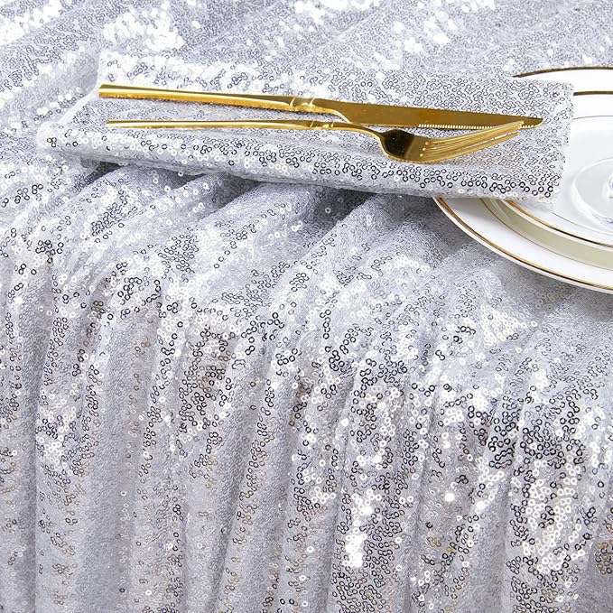 QueenDream Sequin Tablecloth 90x132 Inches Rectangular Silver Table Cloth Glitter Fabric Overlay for Wedding Birthday Bridal Shower Decorations