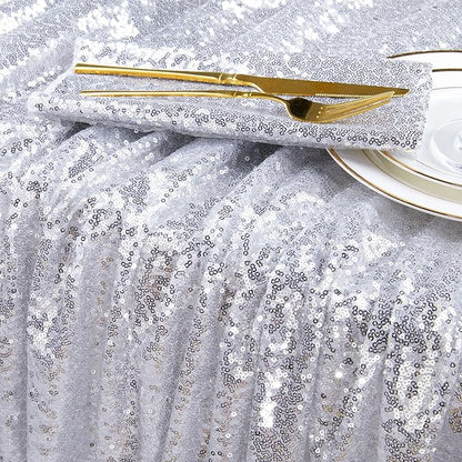 QueenDream Sequin Tablecloth 90x132 Inches Rectangular Silver Table Cloth Glitter Fabric Overlay for Wedding Birthday Bridal Shower Decorations