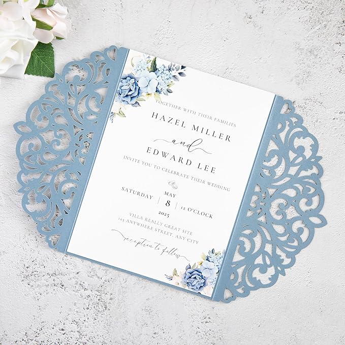 20Pcs Dusty Blue Laser Cut Invitation Cards With Blank Inner Sheets for Wedding Cards Bridal Shower Engagement Quinceanera Invitation (No Envelopes)