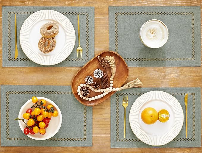 Burlap Placemats Set of 6, 12 x 18 Inch Rustic Geometric Hollow Place Mats, Heat Resistant Placemats for Farmhouse Kitchen Table Decor, Grey 6PCS