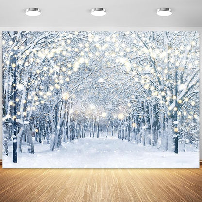 8x6FT Winter Snowy Scene Photography Backdrop Winter Wonderland Landscape Snowflake Tree Snowy Background Bokeh Glitter White Snow Forest Party Photo Booth Studio Props