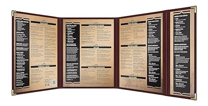 Goodsmart Restaurant Menu Covers – 25 Pack Burgundy Quadfold 8-View, Side-Loading Menu Holders, Vinyl & Plastic Café Menu Covers, Clear Menu Sleeves, Fits 8.5" x 11" & 4.25" x 11", Gold Corners