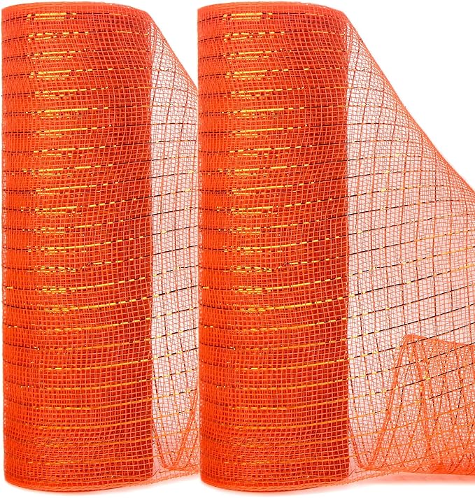 Ribbli 2 Rolls Orange Mesh Ribbon,10 inch x 30 feet(10Yard) Each Roll,Metallic Orange with Gold Foil,Use for Wreath Swags and Decorating