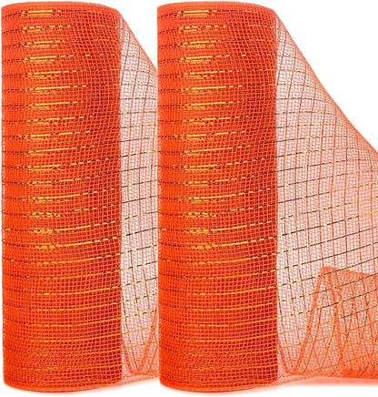Ribbli 2 Rolls Orange Mesh Ribbon,10 inch x 30 feet(10Yard) Each Roll,Metallic Orange with Gold Foil,Use for Wreath Swags and Decorating
