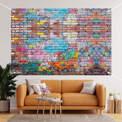 Colorful Graffiti Brick Wall Backdrop Banner - Abstract Street Art Photography Background for Hip Hop Party, 80s 90s Disco, Birthday Wedding Decor, Studio Props & Booth Supplies 98x65 Inch