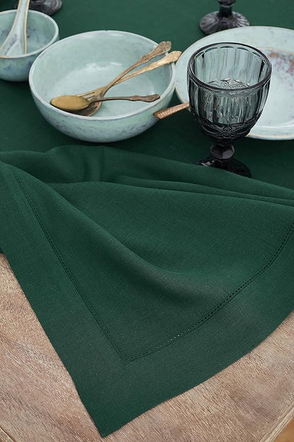 Solino Home Linen Tablecloth 60 x 120 Inch - Classic Hemstitch 100% Pure Linen Rainforest Green Table Cloth for Rectangle Tables - Machine Washable Tablecloth for Fall, Thanksgiving, Christmas