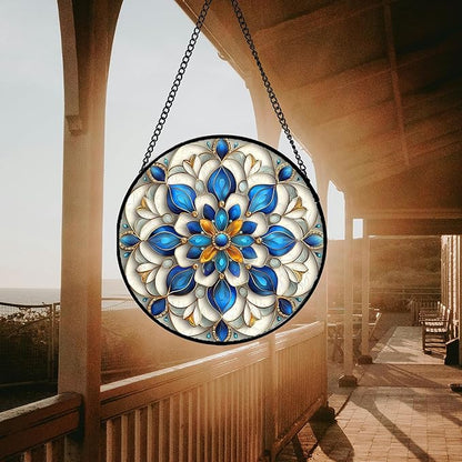 Stained Glass Window Hanging - Blue and White Abstract Flowers Suncatcher for Door Terrace Garden Home Decor, Gold Sun Catcher Birthday Gifts for Lovers Women Men Dad Mom Nana 9.8 in